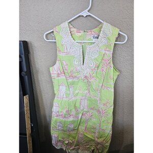Lilly Pulitzer Green Pink Hawaiian Dress Lace Detail Women's 6 Knee Length